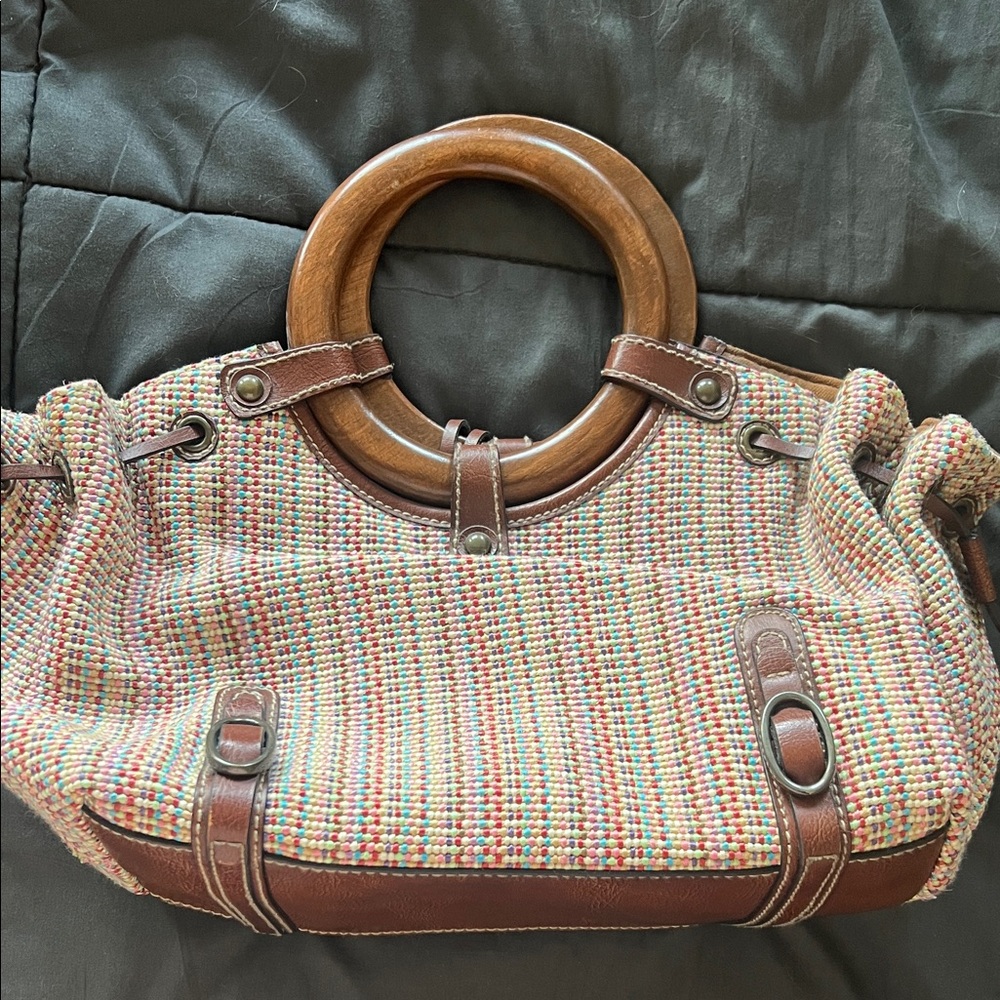 Fossil Multicolor Woven Handbag with Wooden Handles